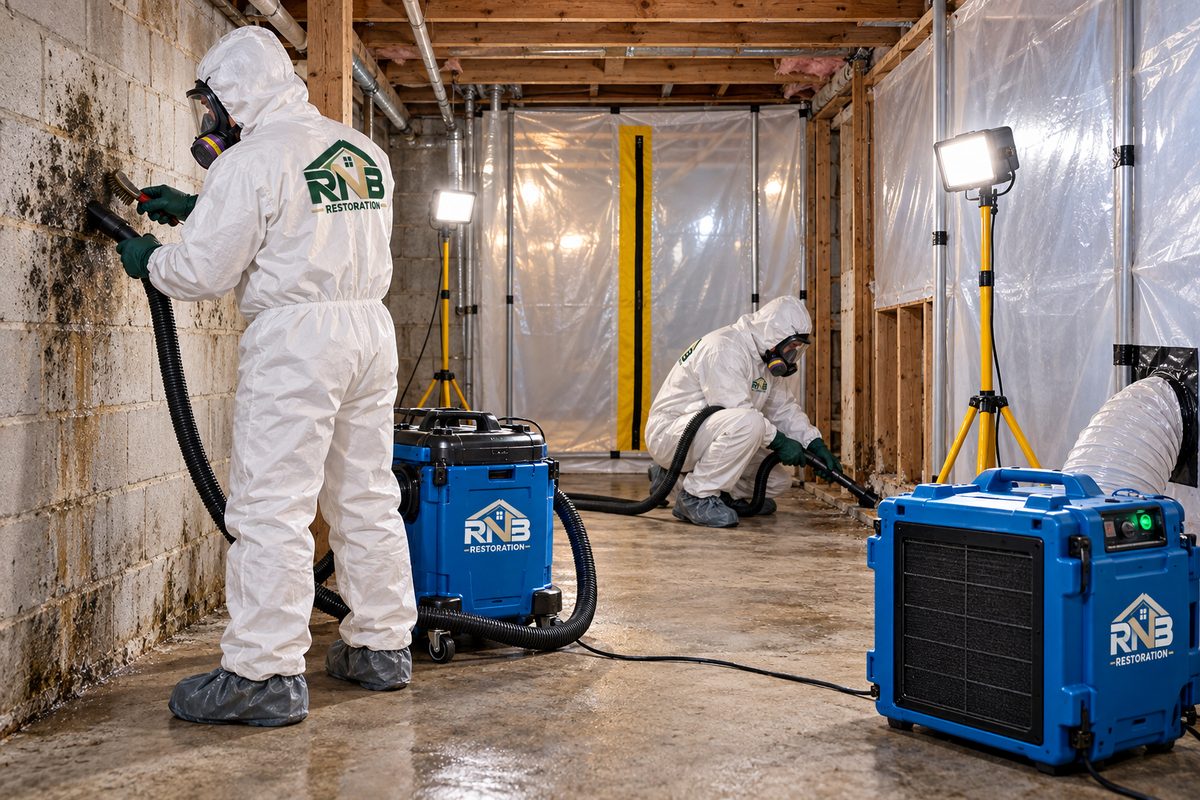 RNB crew working on mold remediation in a basement