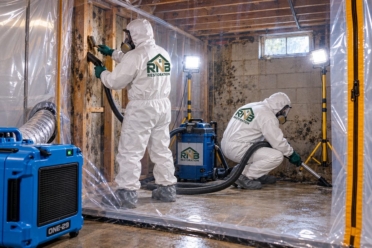 Two RNB technicians setting up mold containment