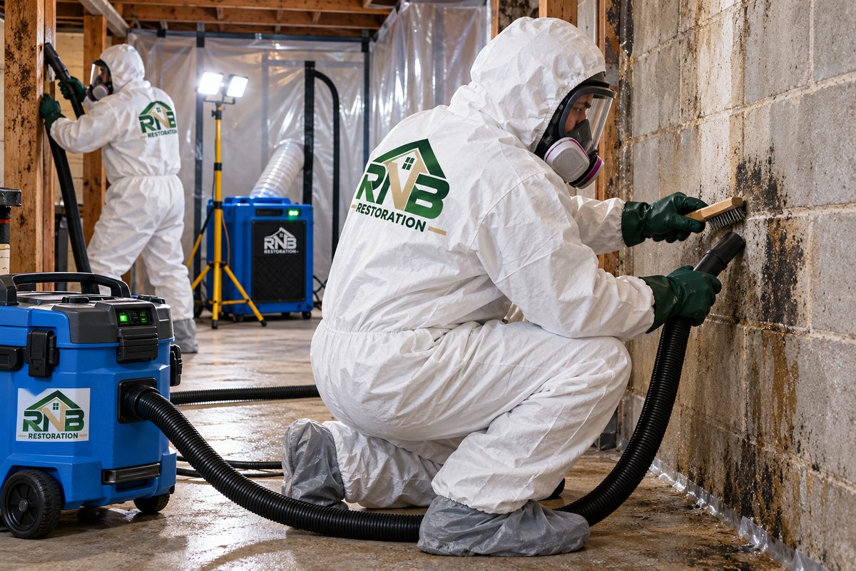 RNB Restoration technician in protective gear treating basement mold